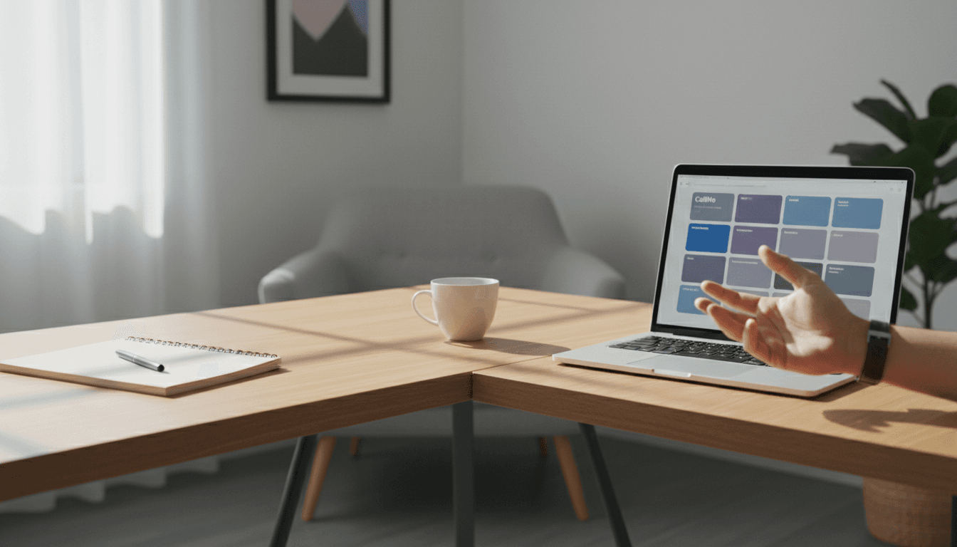 callme app dashboard on laptop in creator workspace